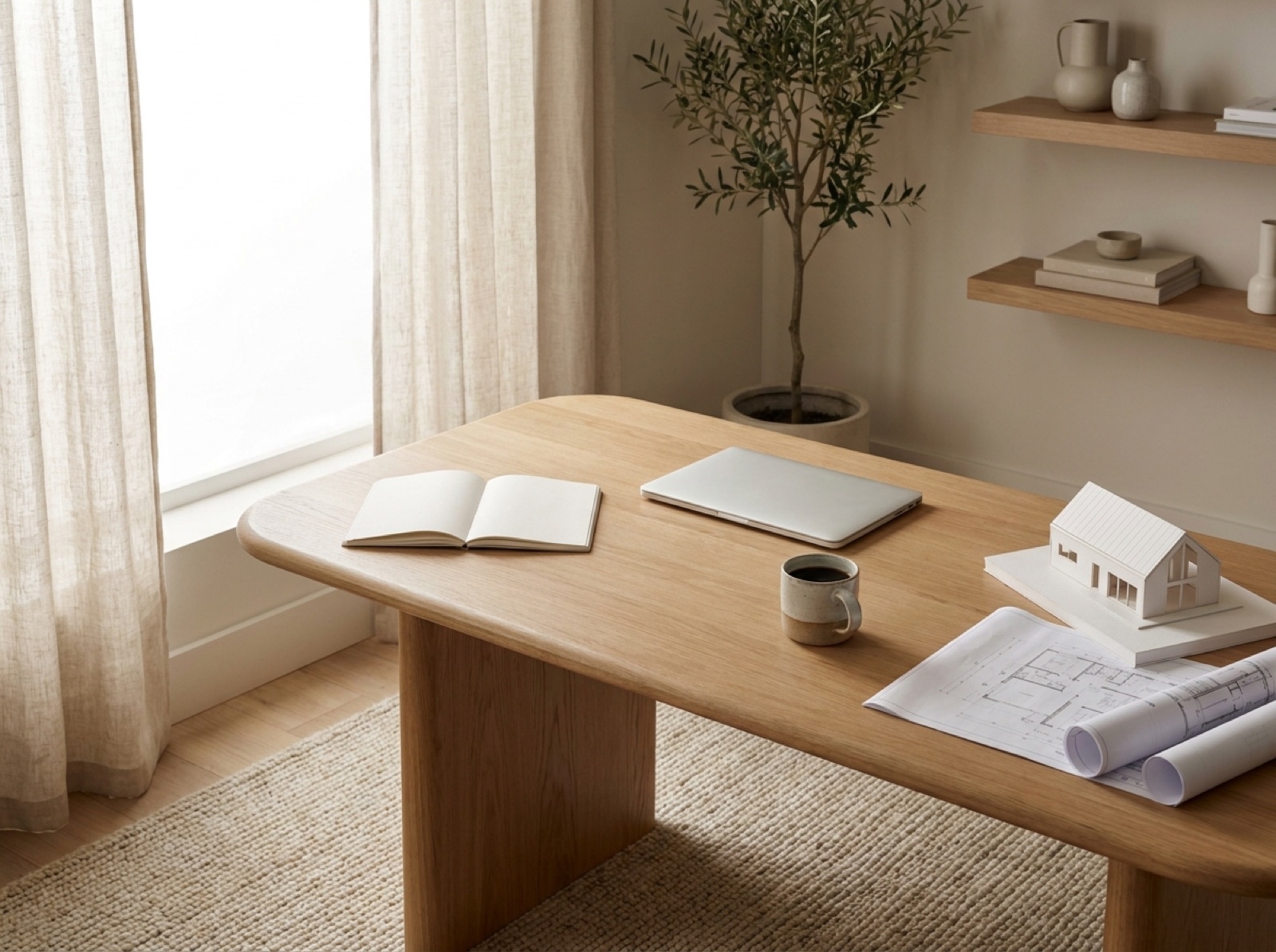 Ruhig eingerichteter Arbeitsplatz mit Hausplänen, Notizbuch und Modellhaus am Fenster