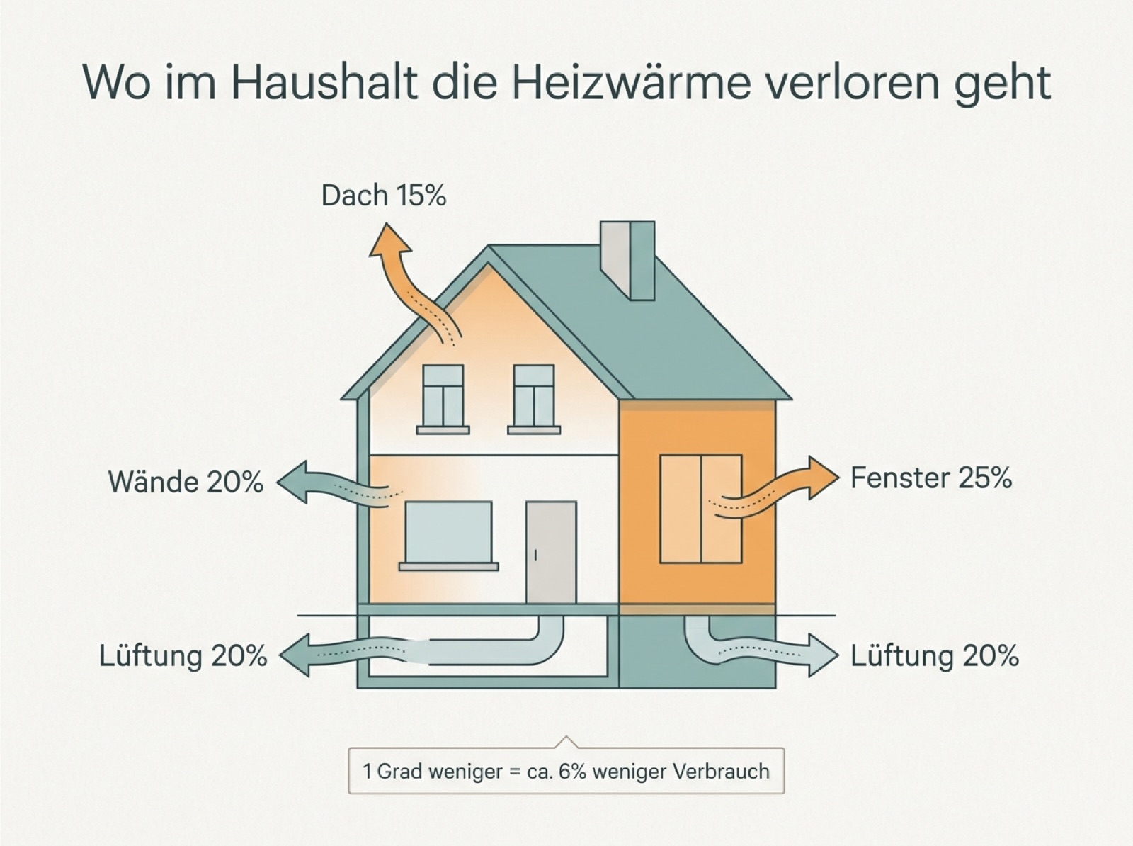Infografik: Wo im Haushalt die Heizwärme verloren geht, mit Anteilen für Fenster, Wände, Dach und Lüftung
