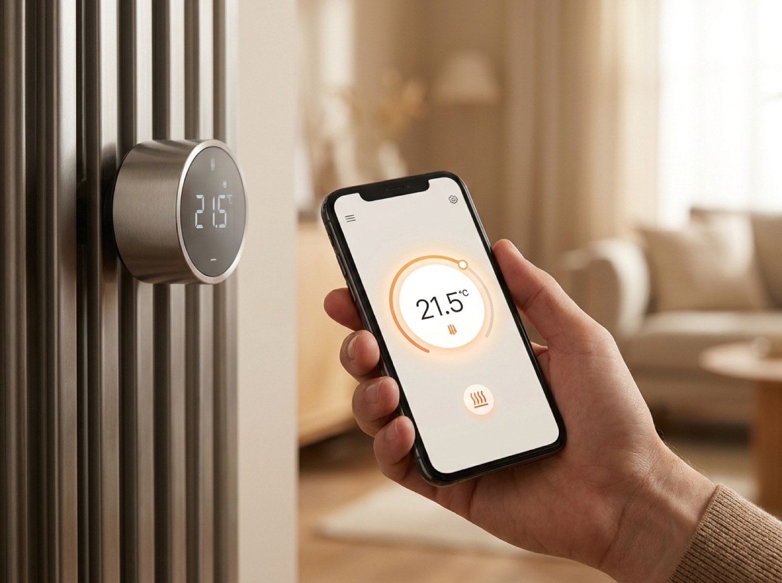 Smartes Heizkörperthermostat aus Metall neben einer Heizungs-App auf dem Smartphone