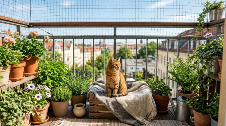 Balkon mit Katzennetz als sicherer Freigang für eine Wohnungskatze