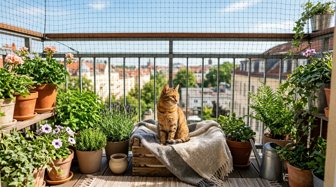 Balkon katzensicher machen: Katze sitzt sicher hinter einem Katzennetz auf dem Balkon