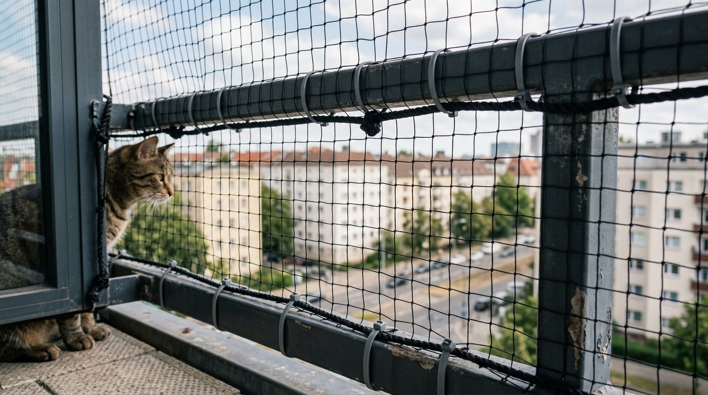 Katzennetz am Balkon lückenlos gespannt und befestigt