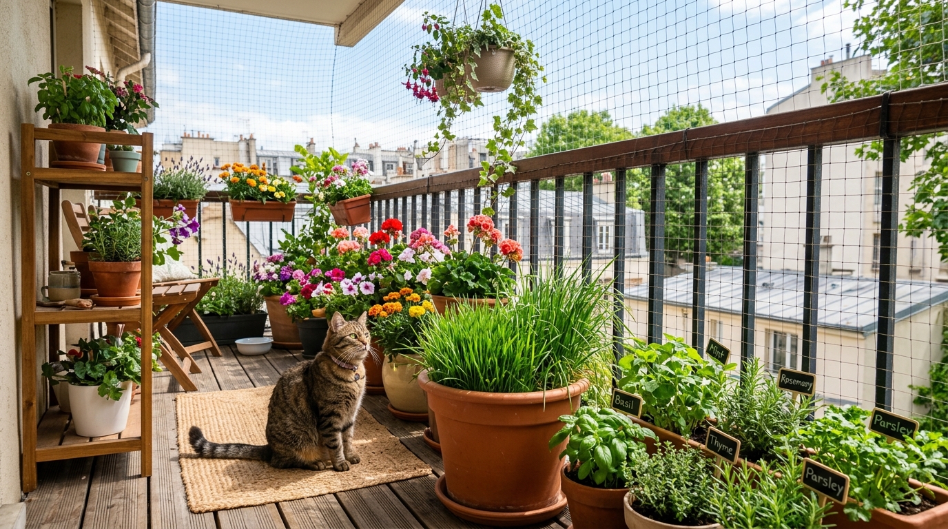 Katzenfreundlich bepflanzter Balkon mit Katzengras und Kräutern