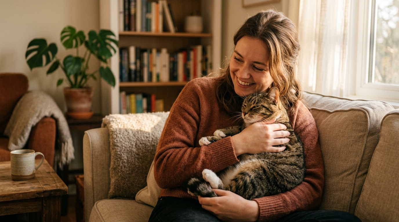 Katze wird liebevoll gehalten – Absicherung gegen hohe Tierarztkosten